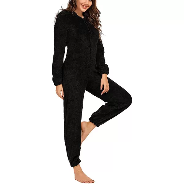 chouyatou Womens Ultra Comfy Lounge Furry Sherpa Romper Onesie Pajamas Cute Ear HoodBlack