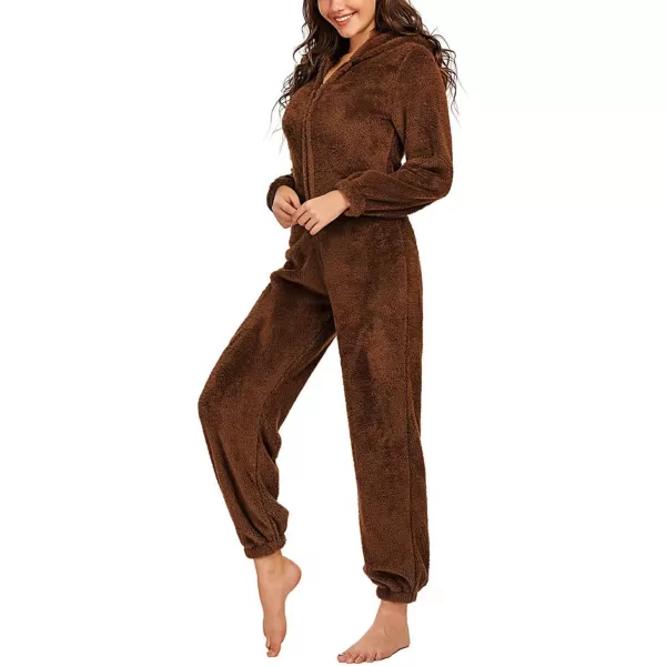 chouyatou Womens Ultra Comfy Lounge Furry Sherpa Romper Onesie Pajamas Cute Ear HoodBrown