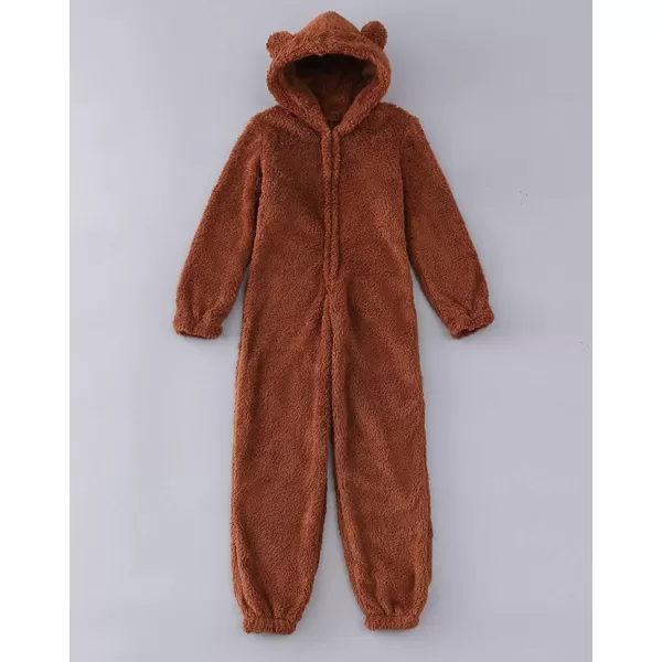 chouyatou Womens Ultra Comfy Lounge Furry Sherpa Romper Onesie Pajamas Cute Ear HoodBrown
