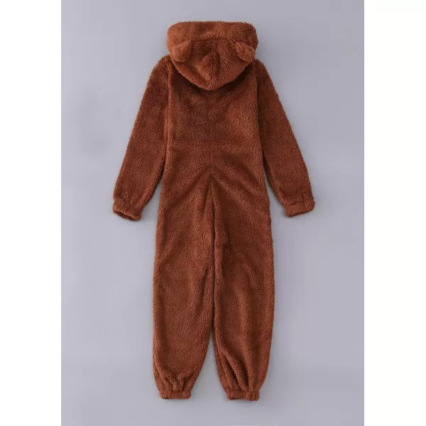chouyatou Womens Ultra Comfy Lounge Furry Sherpa Romper Onesie Pajamas Cute Ear HoodBrown