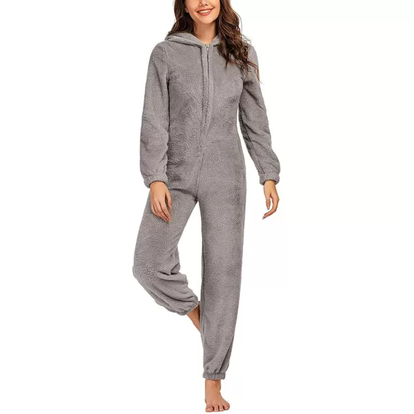chouyatou Womens Ultra Comfy Lounge Furry Sherpa Romper Onesie Pajamas Cute Ear HoodGrey