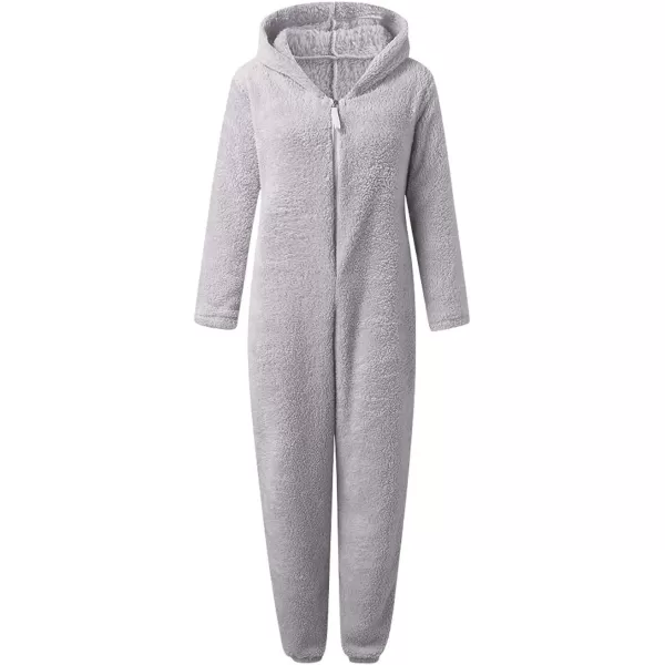 chouyatou Womens Ultra Comfy Lounge Furry Sherpa Romper Onesie Pajamas Cute Ear HoodGrey