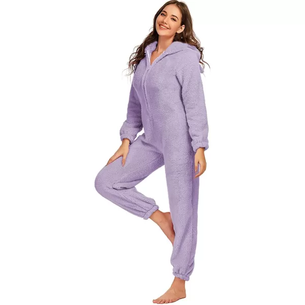 chouyatou Womens Ultra Comfy Lounge Furry Sherpa Romper Onesie Pajamas Cute Ear HoodLight Purple