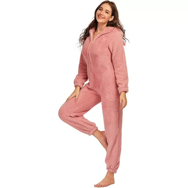 chouyatou Womens Ultra Comfy Lounge Furry Sherpa Romper Onesie Pajamas Cute Ear HoodPink