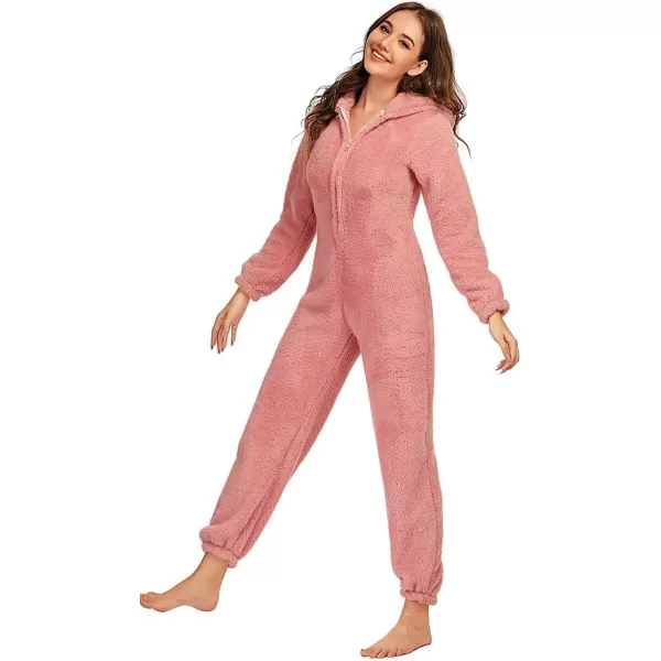 chouyatou Womens Ultra Comfy Lounge Furry Sherpa Romper Onesie Pajamas Cute Ear HoodPink