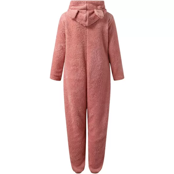 chouyatou Womens Ultra Comfy Lounge Furry Sherpa Romper Onesie Pajamas Cute Ear HoodPink