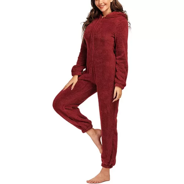 chouyatou Womens Ultra Comfy Lounge Furry Sherpa Romper Onesie Pajamas Cute Ear HoodRed