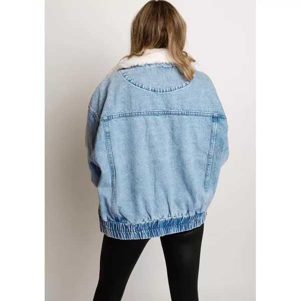 chouyatou Womens Warm Sherpa Collar Denim Jacket Faux Fur Collar Denim Coat Trucker JacketBlue