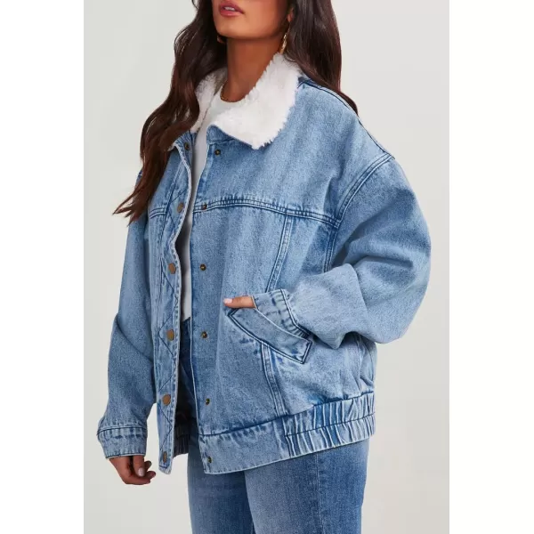 chouyatou Womens Warm Sherpa Collar Denim Jacket Faux Fur Collar Denim Coat Trucker JacketBlue