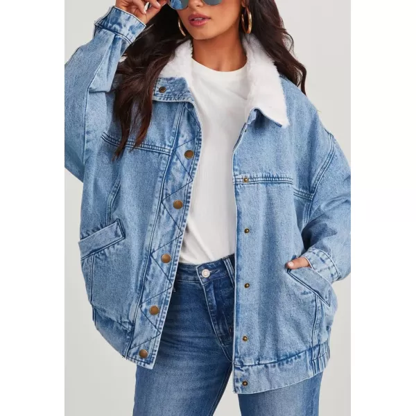chouyatou Womens Warm Sherpa Collar Denim Jacket Faux Fur Collar Denim Coat Trucker JacketBlue
