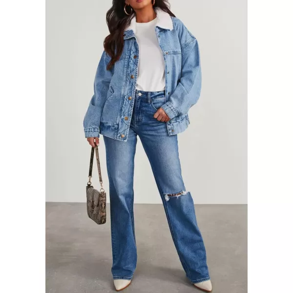 chouyatou Womens Warm Sherpa Collar Denim Jacket Faux Fur Collar Denim Coat Trucker JacketBlue