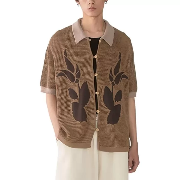 chouyatou Mens Boho Floral Pattern Crochet Knit Tops Short Sleeve Button Down Hollow Out Shirt TopsBrown