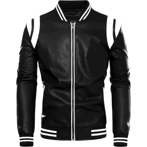 chouyatou Mens Casual ColorBlock Patches Full Zip Fleece Lined Pu Leather Varsity Bomber JacketBlack