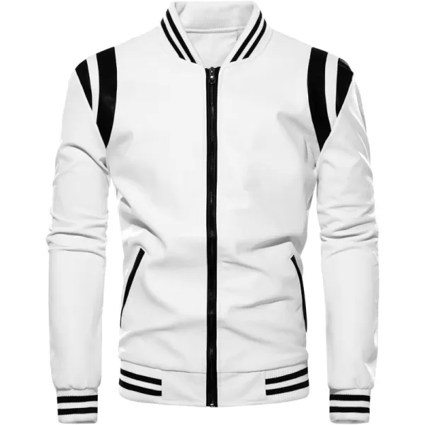 chouyatou Mens Casual ColorBlock Patches Full Zip Fleece Lined Pu Leather Varsity Bomber JacketWhite