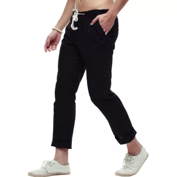 chouyatou Mens Casual Drawstring Straight Fit Beach Linen Capri PantsBlack