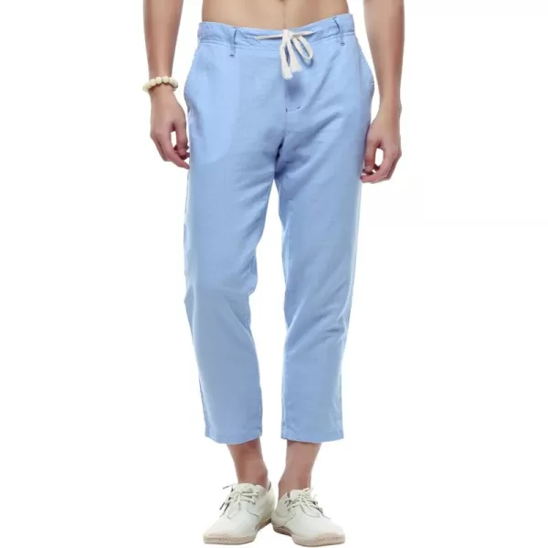 chouyatou Mens Casual Drawstring Straight Fit Beach Linen Capri PantsLight Blue