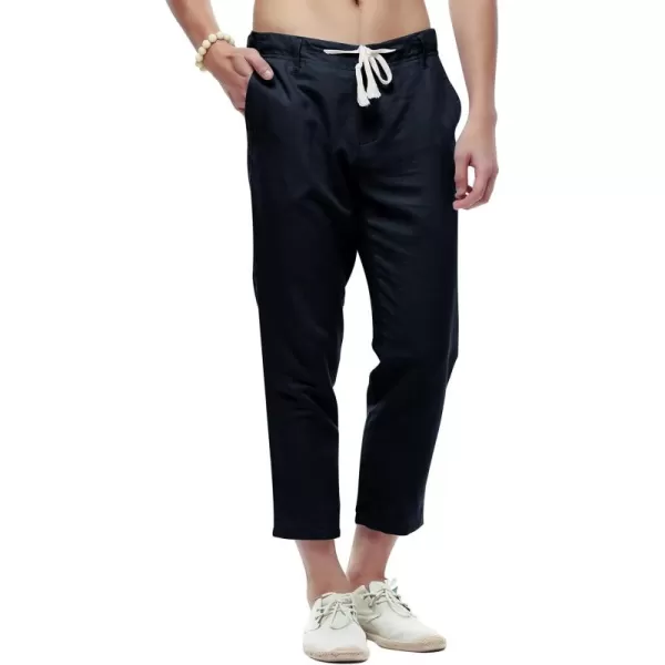 chouyatou Mens Casual Drawstring Straight Fit Beach Linen Capri PantsNavy