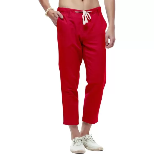 chouyatou Mens Casual Drawstring Straight Fit Beach Linen Capri PantsRed