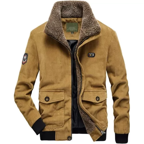 chouyatou Mens Casual Fleece Collar Thicken Quilted Lined Corduroy Bomber Jacket CoatKhaki