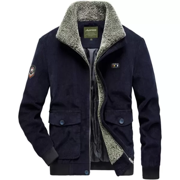 chouyatou Mens Casual Fleece Collar Thicken Quilted Lined Corduroy Bomber Jacket CoatNavy
