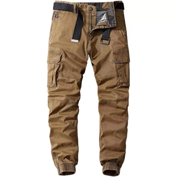 chouyatou Mens Casual MidRise Waist Tapered Leg Close Bottom Jogger Cargo PantsKhaki