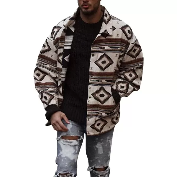 chouyatou Mens Casual Tribal Aztec Pattern Button Down Long Sleeve Trucker Jacket Shacket CoatApricot