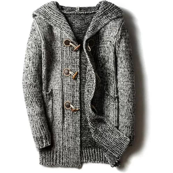 chouyatou Mens Chunky Toggle Button MidLength Knitted Cardigan Sweater Attached HoodGrey