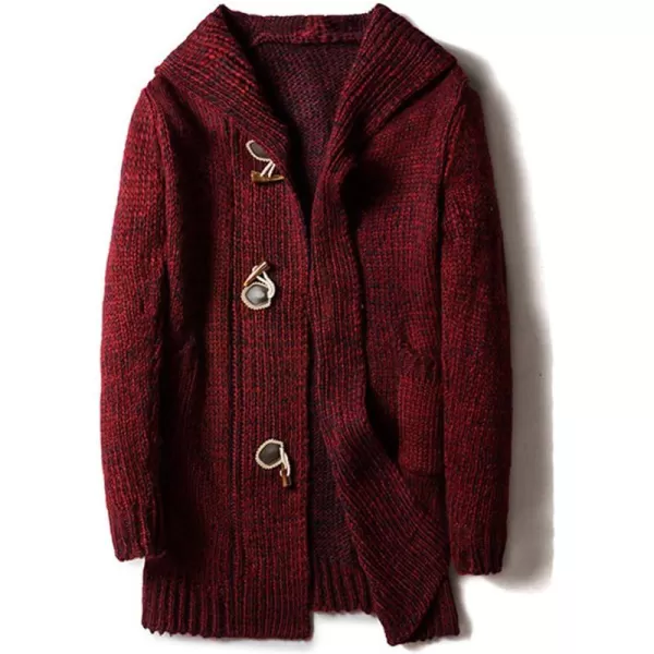 chouyatou Mens Chunky Toggle Button MidLength Knitted Cardigan Sweater Attached HoodWine Red