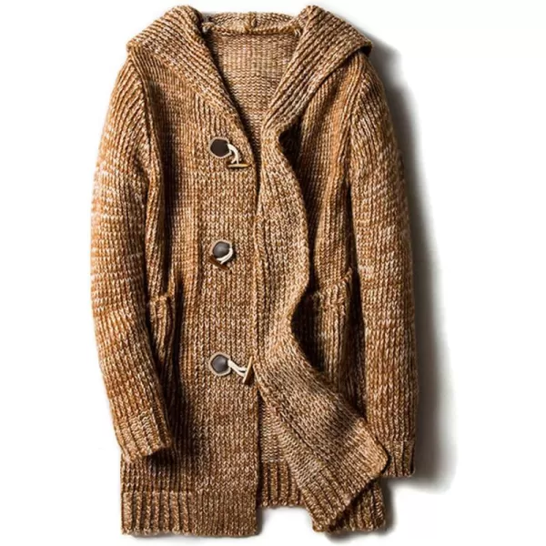 chouyatou Mens Chunky Toggle Button MidLength Knitted Cardigan Sweater Attached HoodYellow