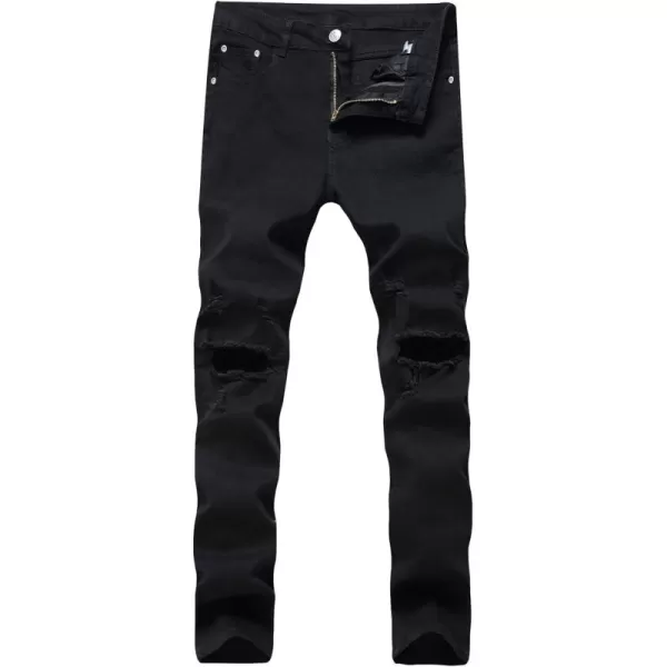 chouyatou Mens Classic 5 Pocket Hippies Regular fit Destroyed Distressed Denim Ripped Jeans PantBlack