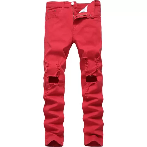 chouyatou Mens Classic 5 Pocket Hippies Regular fit Destroyed Distressed Denim Ripped Jeans PantRed