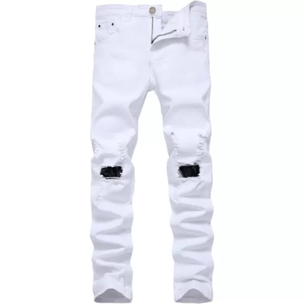 chouyatou Mens Classic 5 Pocket Hippies Regular fit Destroyed Distressed Denim Ripped Jeans PantWhite