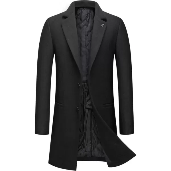chouyatou Mens Classic Notched Collar 2 Button Slim Fit Heavyweight Padded Wool Blend Windbreaker Long Trench CoatBlack