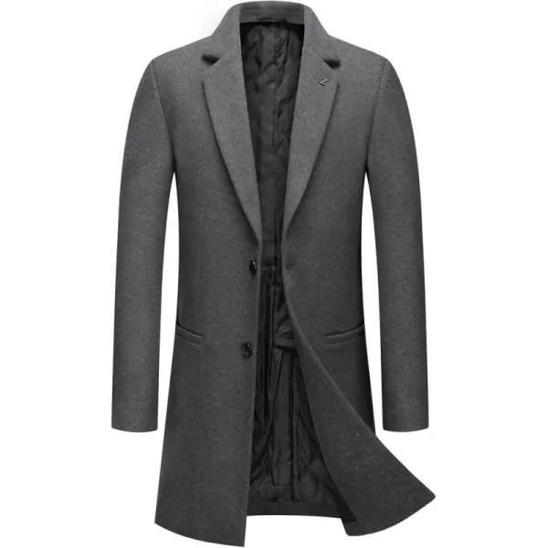 chouyatou Mens Classic Notched Collar 2 Button Slim Fit Heavyweight Padded Wool Blend Windbreaker Long Trench CoatGrey
