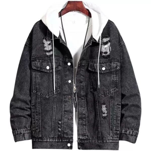 chouyatou Mens Distressed Ripped Holes Removable Hood Button Down Denim JacketBlack