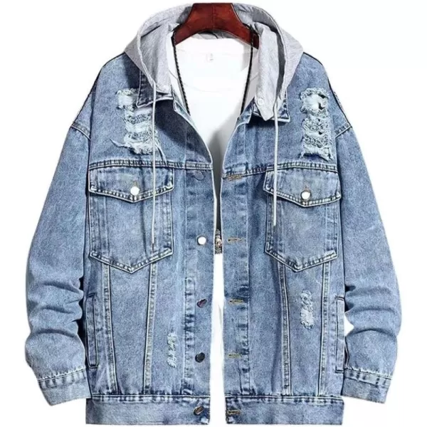 chouyatou Mens Distressed Ripped Holes Removable Hood Button Down Denim JacketBlue
