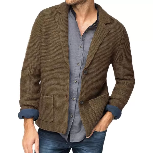 chouyatou Mens Fall Notch Lapel Cardigan Sweater Business Casual Button Down Knitted Blazer TopBrown