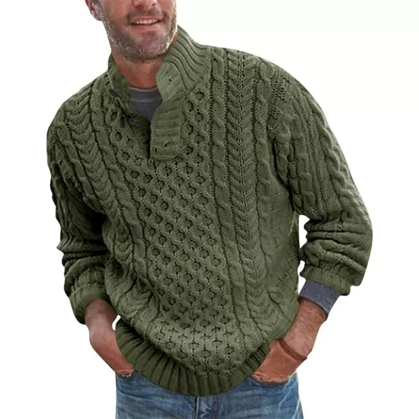 chouyatou Mens Mock Neck Button Cable Knit Pullover Sweater Vintage Knitted Henley SweaterArmy Green