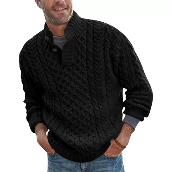 chouyatou Mens Mock Neck Button Cable Knit Pullover Sweater Vintage Knitted Henley SweaterBlack