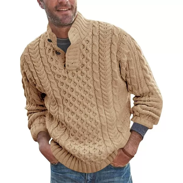 chouyatou Mens Mock Neck Button Cable Knit Pullover Sweater Vintage Knitted Henley SweaterKhaki