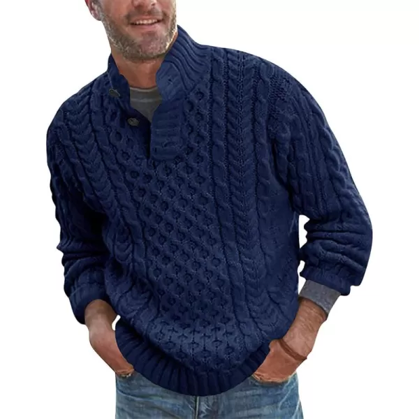 chouyatou Mens Mock Neck Button Cable Knit Pullover Sweater Vintage Knitted Henley SweaterNavy Blue