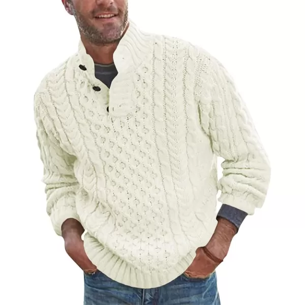 chouyatou Mens Mock Neck Button Cable Knit Pullover Sweater Vintage Knitted Henley SweaterOffwhite