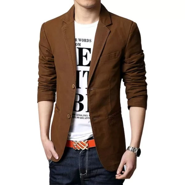 chouyatou Mens Slim 2Button Single Breasted Cotton Lightweight Blazer Jacket Sport CoatBrown