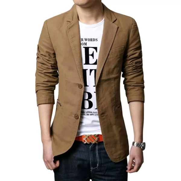 chouyatou Mens Slim 2Button Single Breasted Cotton Lightweight Blazer Jacket Sport CoatKhaki