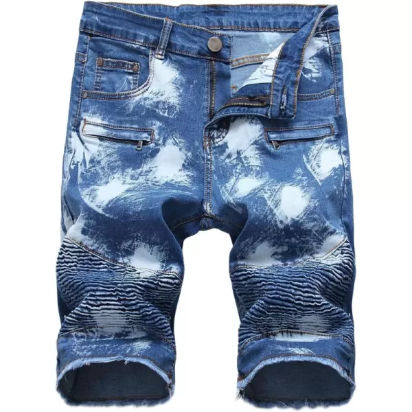 chouyatou Mens Summer Cool Stylish Wrinkle Performance Moto Ripped Denim ShortsBlue
