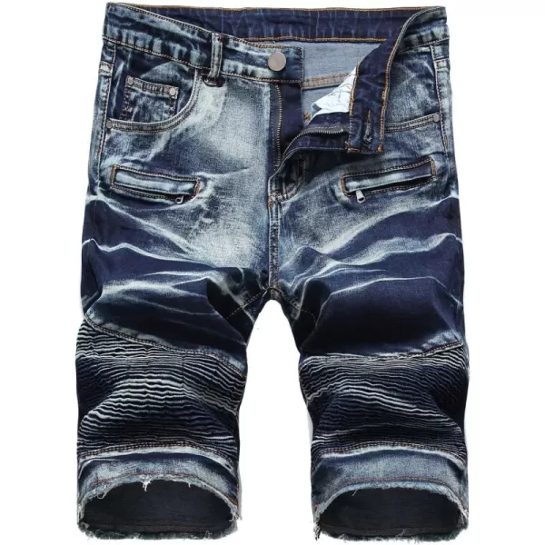 chouyatou Mens Summer Cool Stylish Wrinkle Performance Moto Ripped Denim ShortsDark Blue