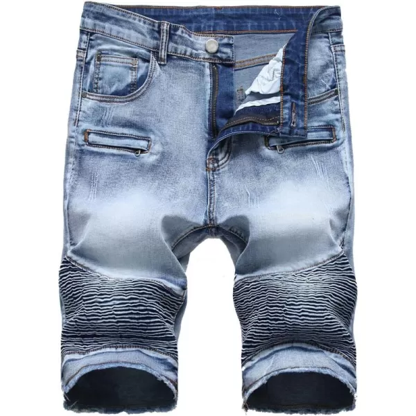 chouyatou Mens Summer Cool Stylish Wrinkle Performance Moto Ripped Denim ShortsLblue