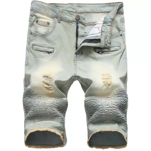 chouyatou Mens Summer Cool Stylish Wrinkle Performance Moto Ripped Denim ShortsVintageblue