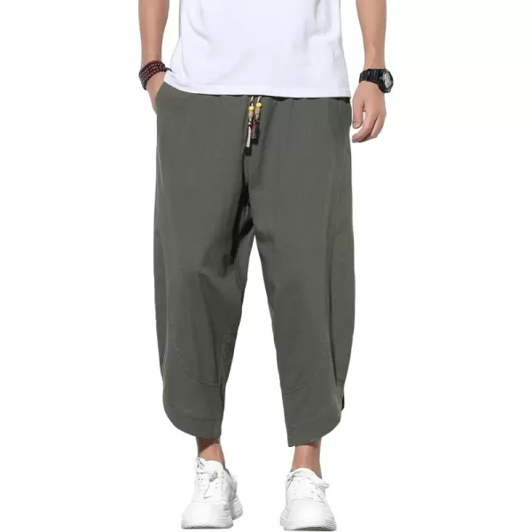 chouyatou Mens Summer Elastic Waist Loose Lightweight Baggy Ethnic Linen Beach Cropped Harem PantsArmy Green