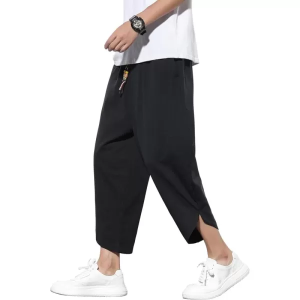 chouyatou Mens Summer Elastic Waist Loose Lightweight Baggy Ethnic Linen Beach Cropped Harem PantsBlack